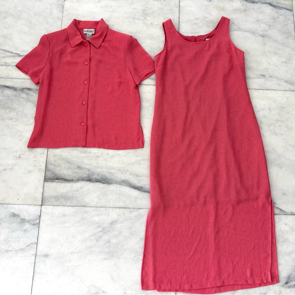 VTG Just In Thyme 2 Piece Dress Jacket Set Pink Gauze Knit Womens 14 90s Casual